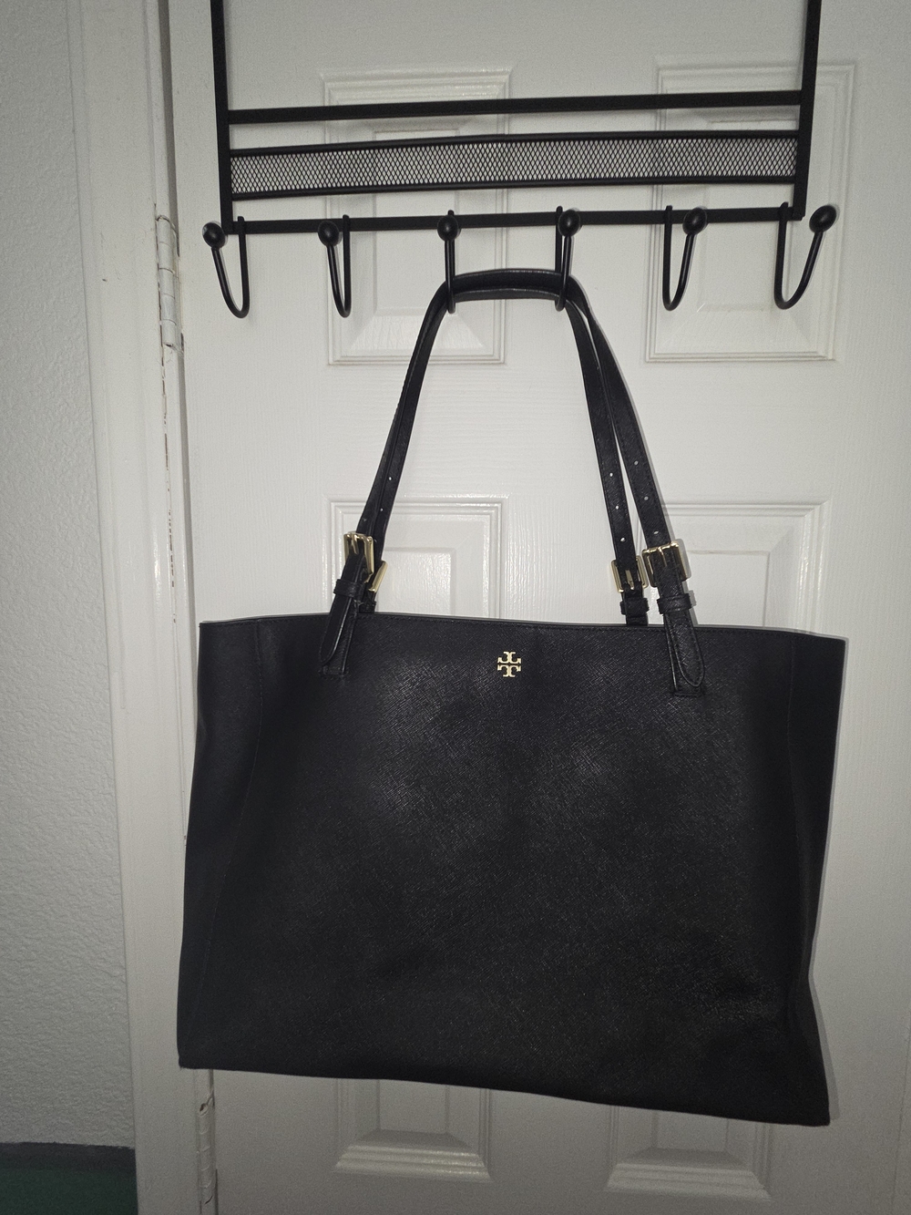 Tory Burch Emerson Black Leather  Tote with Gold Logo Hardware